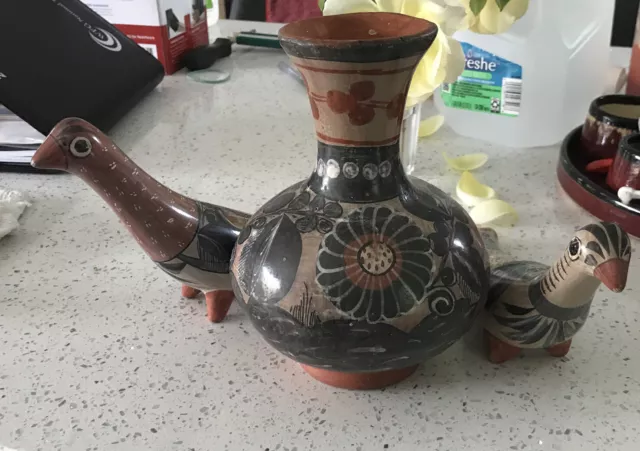 Tonala Hand Painted Mexican Pottery 2Doves 1 Vase Folk Art Vintage.