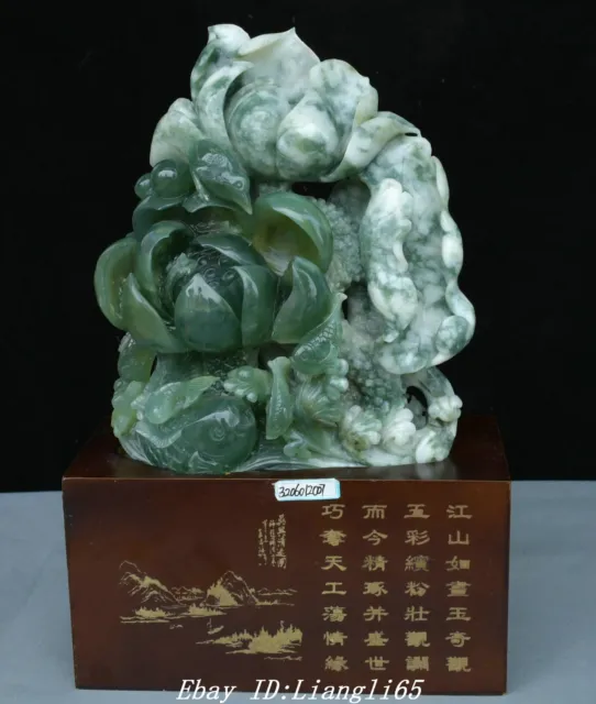 15 '' China Natürliche Xiu Pink Jade Vogel Lotus Fisch Tier Statue Skulptur
