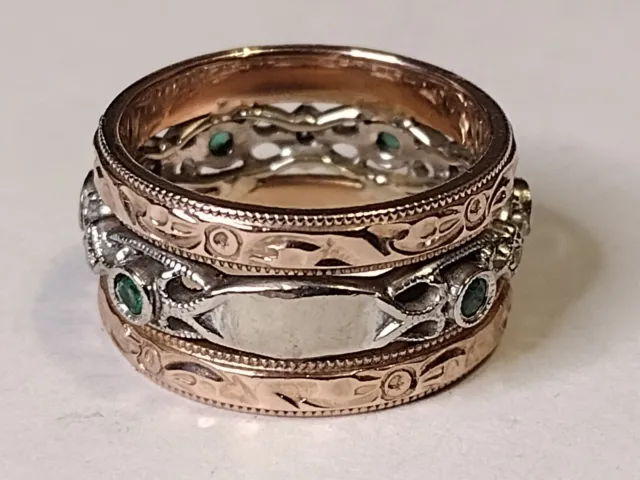 Gabriel & Co 14k Rose & White Gold Diamond Emerald Singnet Band Set