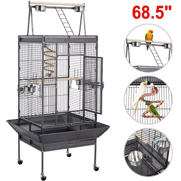 69" Wrought Iron Play Top Large Parrot Bird Cage for African Grey Small Conure