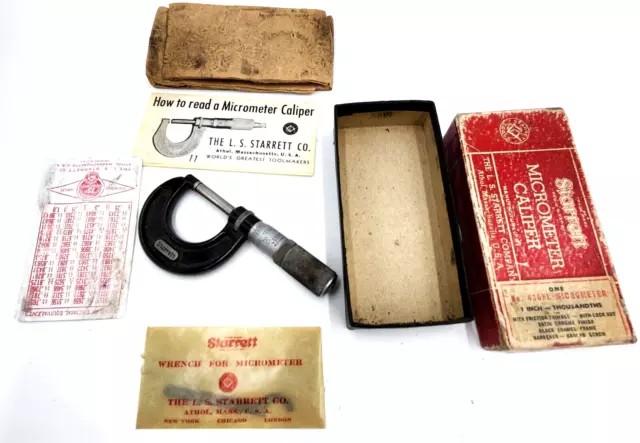 Vintage Starrett 1 inch Micrometer Caliper 436FL W/ Box & Papers