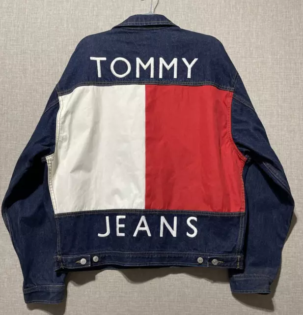 Vtg. 90s TOMMY JEANS Trucker Jacket Denim Big Flag Tommy Hilfiger Embroidered