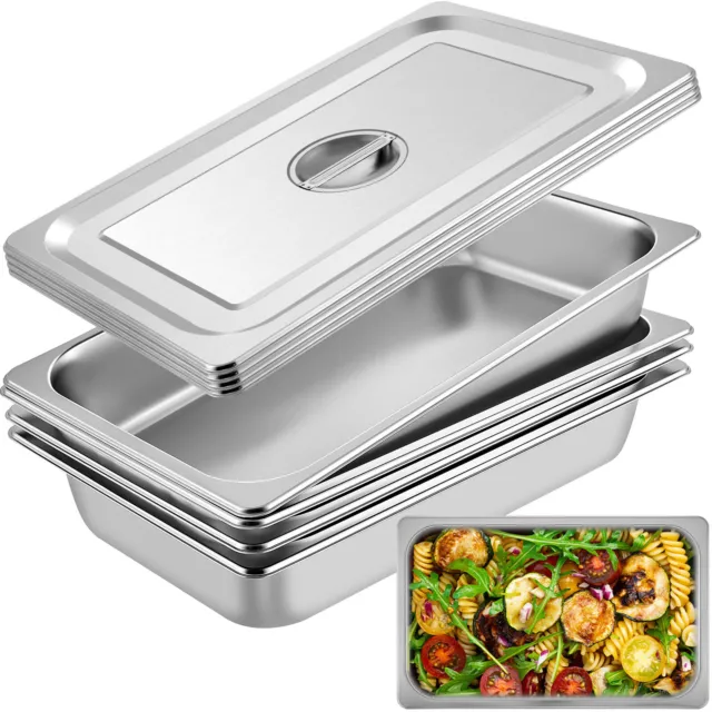 VEVOR 4 x Bain Marie Tray Steam Pan Gastronorm 1/1 100mm Deep Lid Stainless