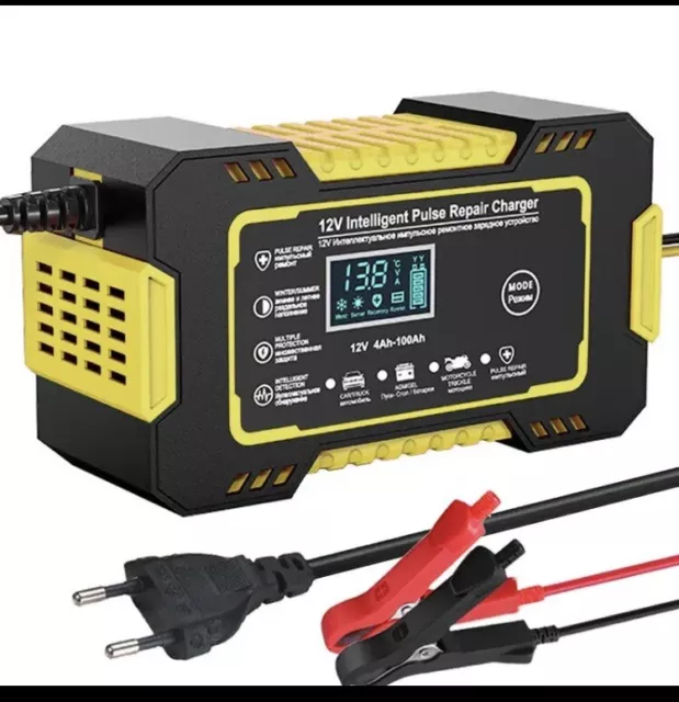 Chargeur de Batterie Voiture Moto 12V Charge Rapide Intelligente Écran LCD Jaune