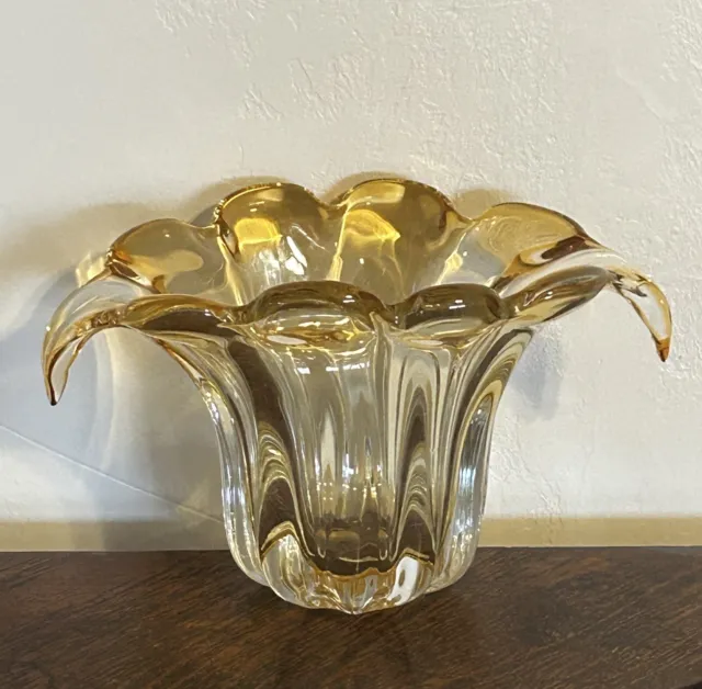 Vintage Murano Waterfall Vase Bowl Centerpiece Hand Blown Yellow Glass Italy MCM