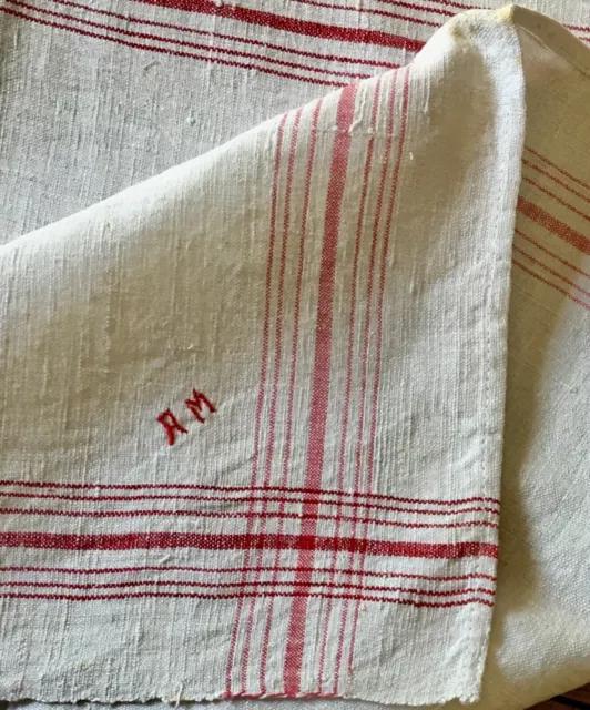 Antique French Country Loom Woven Linen Fabric Towel ~ Red ~ Mono AM 3