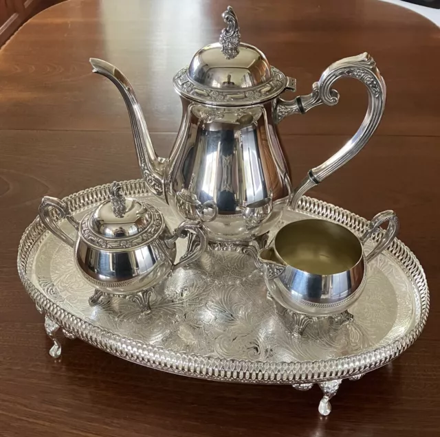 VINTAGE ONEIDA USA Silver Plated Coffee Pot Creamer Sugar Bowl