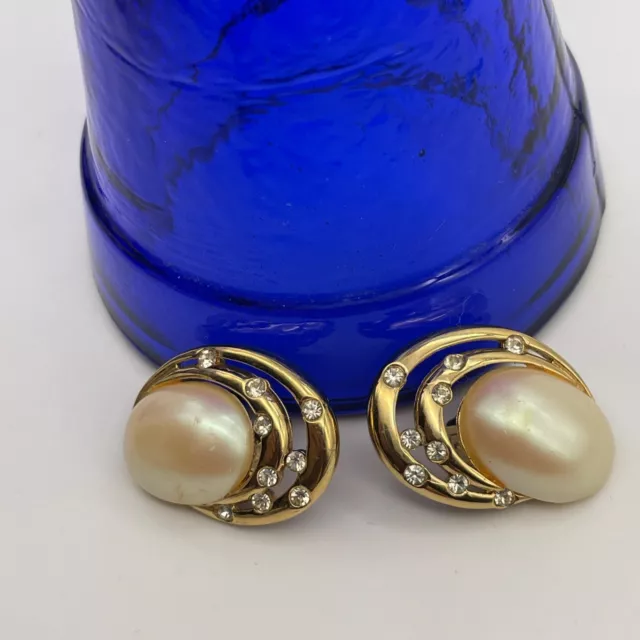 VTG Givenchy Earrings Womens Faux Pearl 2 Gold-Tone Metal Ovals Crystal Clips 3