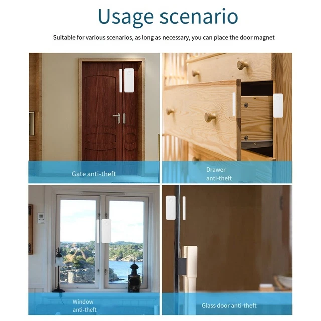 Sensore porta WiFi intelligente, rilevatore di allarme per porte e Sensore porta WiFi intelligente, rilevatore di allarme per porte e