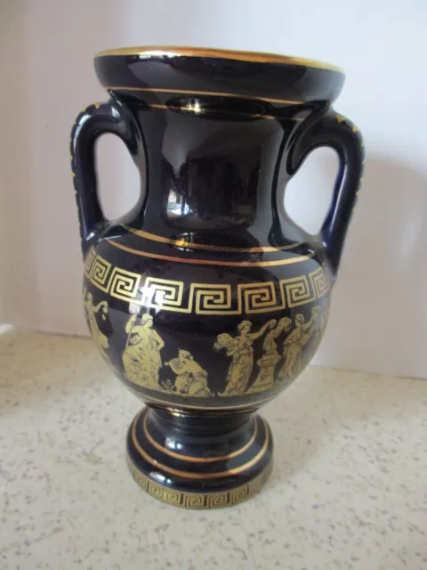 Vtg Greek 2 Handle Vase, Hand Made, Black With 24 K Gold Trim, Very Nice