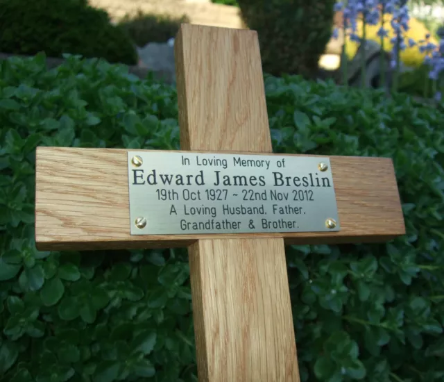 17" Oak Wooden Memorial Cross Wood Grave Marker Personalised Engraved Plaque pet 3