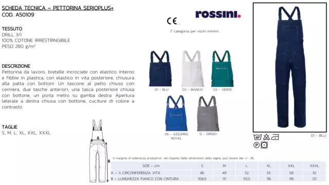 ROSSINI Pettorina SerioPlus + da Lavoro Salopette Imbianchino Meccanico A50109 2