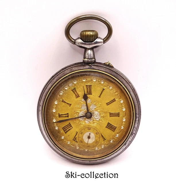 Montre De Poche Ancienne Régulateur France Vers 1900 - Mécanique, Cadran Doré Chiffres Romains
