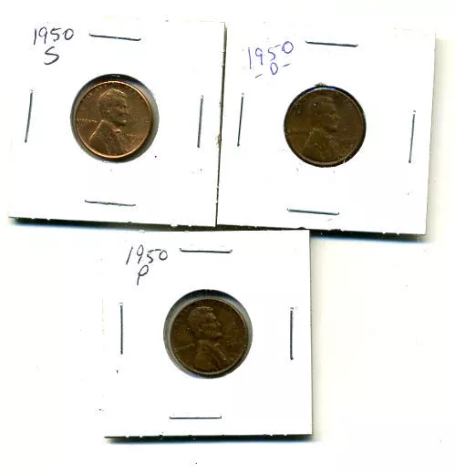 1950 P,D,S Wheat Pennies Lincoln Cents Circulated 2X2 Flips 3 Coin Pds Set#4491