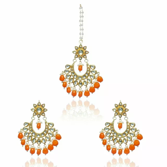 Plaqué Or Boucles D'Oreilles Tikka Ensemble Orange Chandbali Indien Kundan