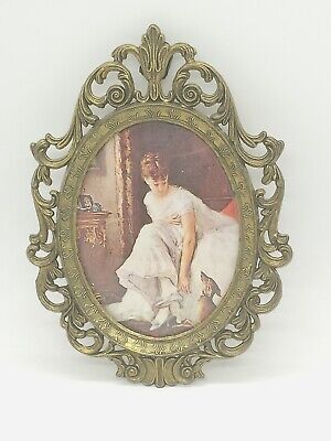 Italian Ornate Vintage Brass Frame Lady and Dog 5.5 Inches