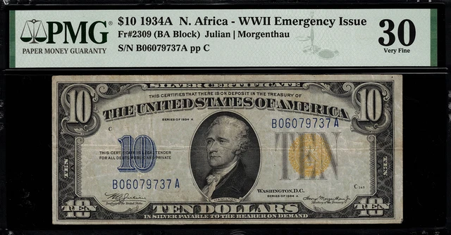 1934A $10 North Africa WWII Emergency Issue FR-2309 - Graded PMG 30