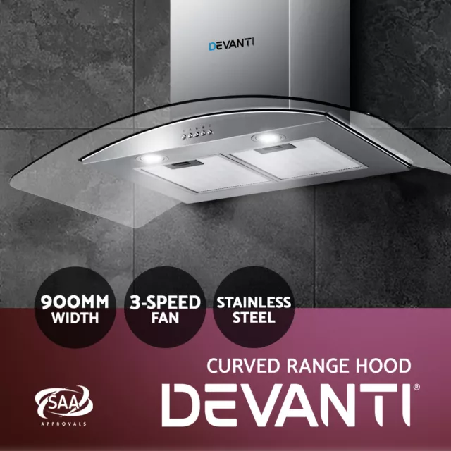 Devanti 900mm Range Hood 90cm Rangehood Kitchen Glass Canopy Stainless Glass