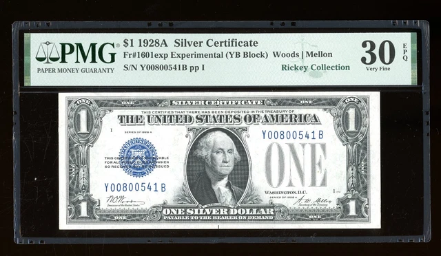 DBR 1928-A $1 Experimental YB Block Fr. 1601exp PMG 30 EPQ Serial Y00800541B