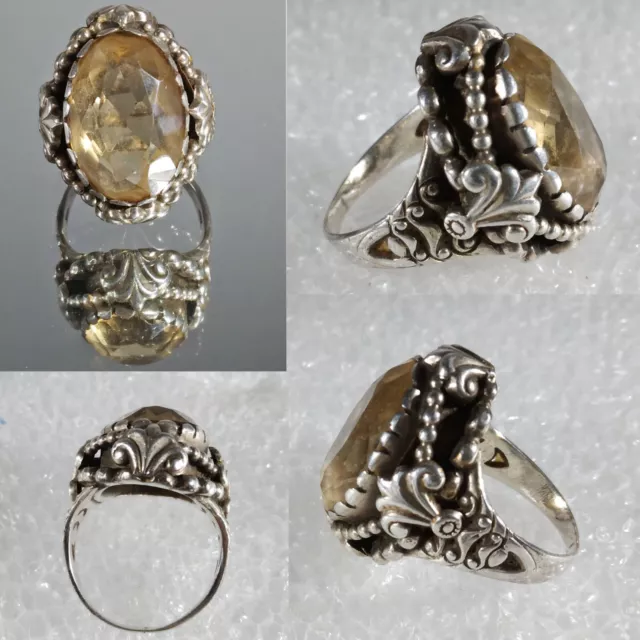 Grosse bague ancienne en argent sertie d'un quartz fumé à facettes taille 48