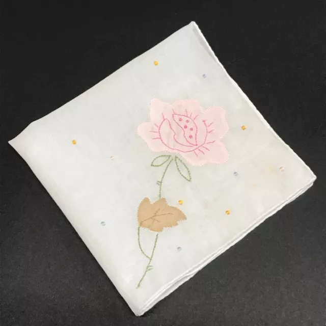 Vintage Womens Handkerchief Pink Applique Flower Embroidered Hanky Hankie White