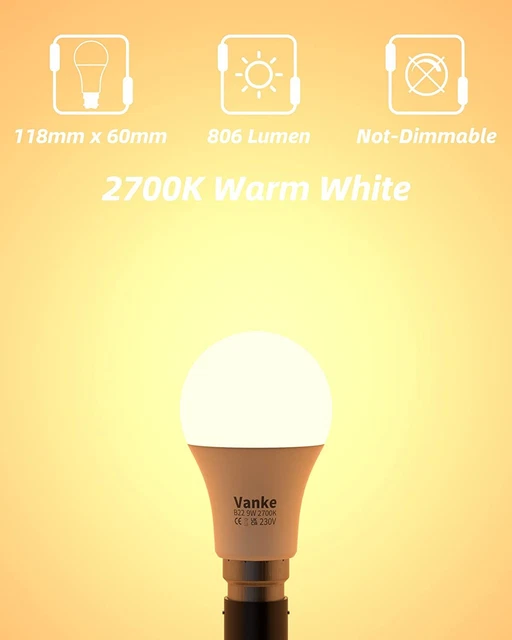 Vanke Bajonett Glühbirne 60w, B22 LED Glühbirnen warmweiß 2700K, 9w Energie... 2