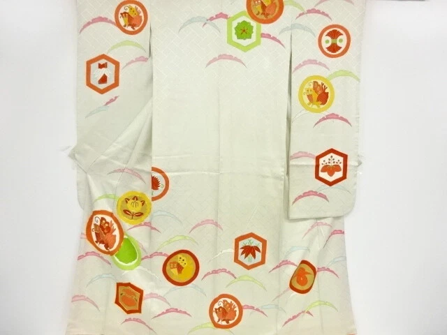 40566# Japanese Kimono / Antique Furisode / Embroidery / Grass & Family Cres