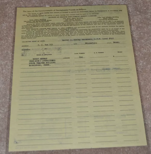 1962 Original Jazz Contract Pennsylvania Signed Woody Herman Bloomsburg College 3