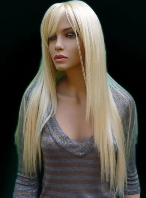 100% Human Hair! New Women's Long Light Blond Straight Full Wigs 24 Inch Perücke
