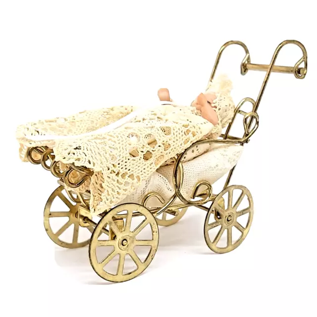 Miniature Baby Carriage With Baby-Porcelain Face and Arms-Lace Outfit-Doll House