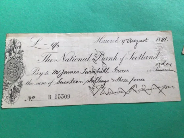 The National Bank of Scotland Hawick  1881 Cheque  A12072