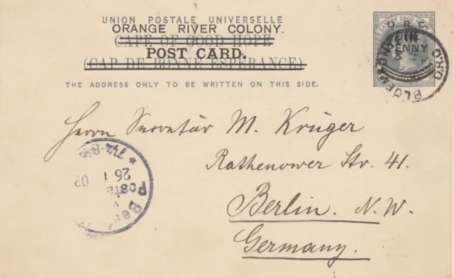 Orange River Colony - post card 1903 Bloemfontein to Mr. Krüger Berlin