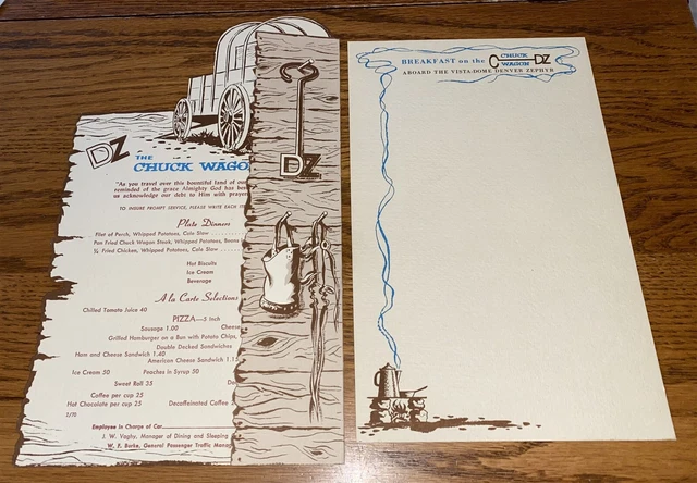 2 Vintage Burlington Route Denver Zephyr Dining Car Menus Die cut