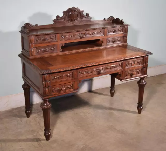 Antique French Desk/Library Table in Solid Oak Wood with Locking Drawers