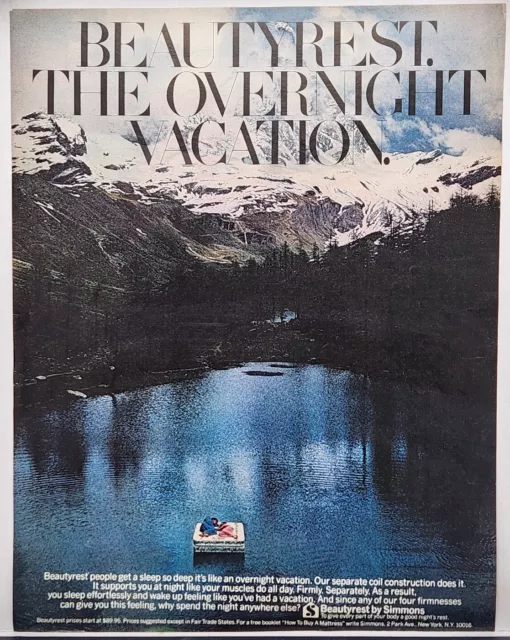 1972 Beautyrest By Simmons Mattress O/N Vacation Lake Mountains Color Print Ad