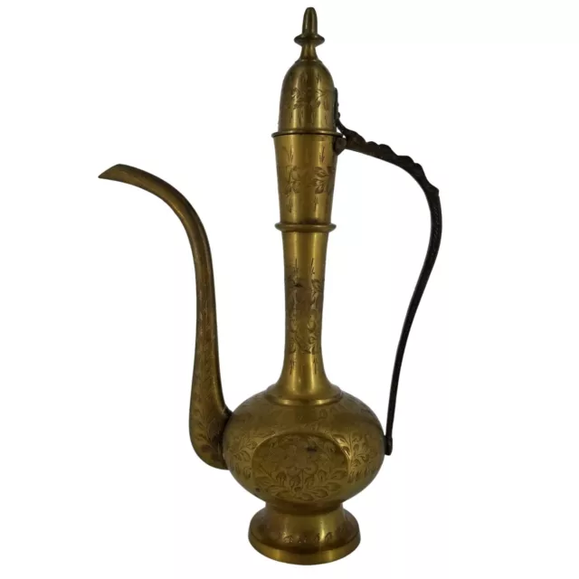 Vintage Brass Tea Water Pot Carafe Pitcher Floral Etched India Home Decor 13"