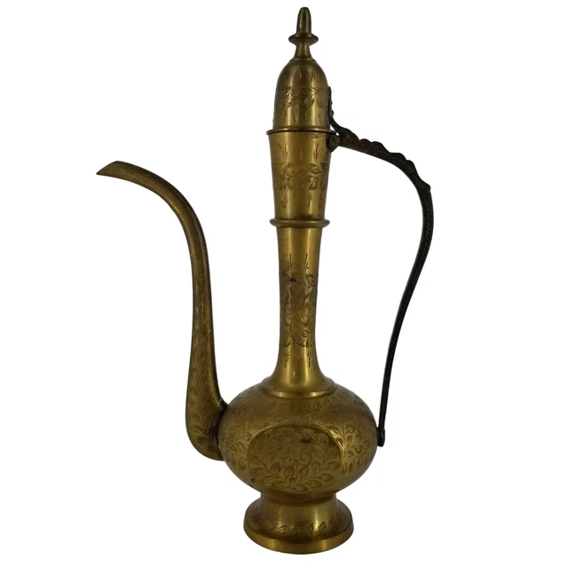 Vintage Brass Tea Water Pot Carafe Pitcher Floral Etched India Home Decor 13"