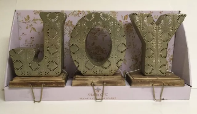Set of 3 JOY Stocking Holders 8" Gold Letters Wood Christmas Shabby Chic Style