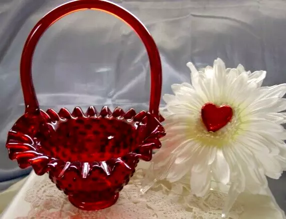 FENTON GLASS"MINT+PERF~VINTAGE~80s"RUBY/RED"HOBNAIL"7"BASKET+A $4 SHP SP