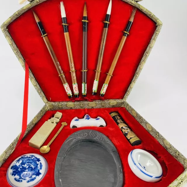 Traditional Asian Chinese Calligraphy Artist Tools Red Ink Brushes VTG Kit Set