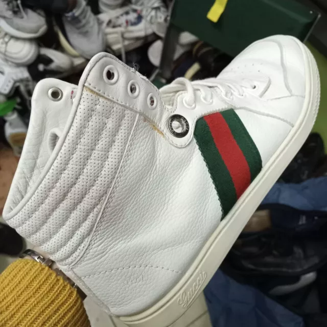 GUCCI Men Shoes Coda Stripe Guccissima White Leather High-Top Sneakers Eu Siz 38