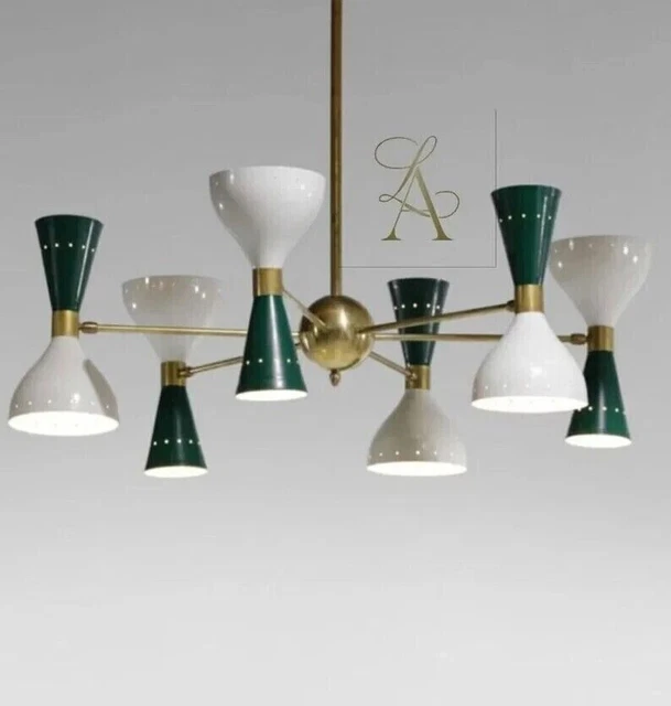 1950's Mid Century Polished Brass White Green Sputnik Italian Urchin Ceiling Han