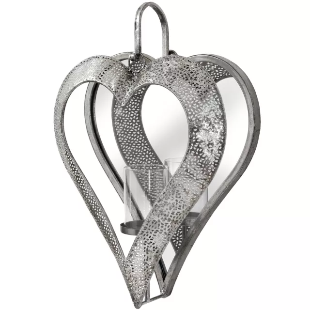 Wall Mounted Mirrored Heart Candle Tealight Holder Silver Metal Sconce 48cm