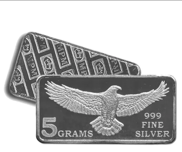 5 Gram .999 FINE SILVER Bar - Monarch Precious Metals - Eagle Design - VERY FINE