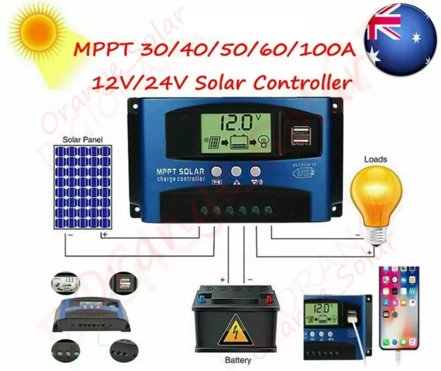 30~100A MPPT 12/24V Solar Panel Regulator Charge Controller Auto LCD Dual USB AU