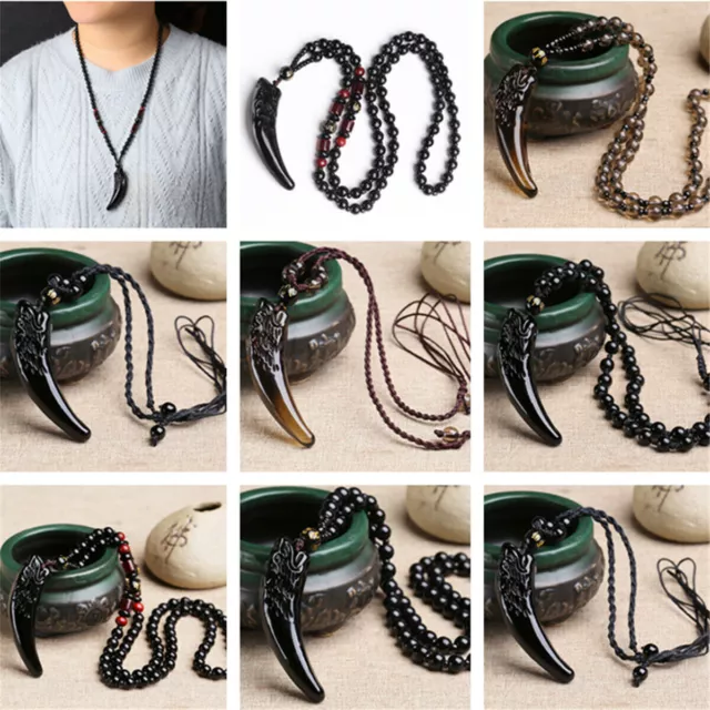 Men's Fashion Stone Black And Ice Obsidian Pendant Wolf Tooth Necklace Amulets 2