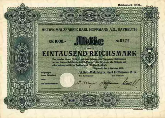 Aktien Malzfabrik Karl Hoffmann 1937 Bayreuth Schwarzenbach Bad Berneck 1000 RM