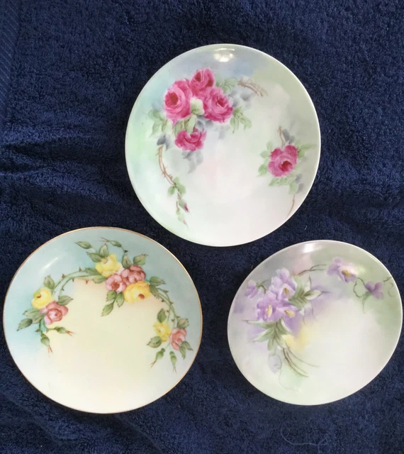 Beautiful - 3 Small Antique Hand Painted Plates, Floral Designs