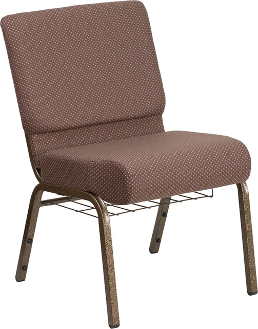 21'' Wide Brown Dot Fabric Church Chair with Book Rack and Gold Vein Frame
