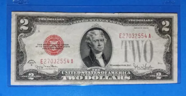 *1928 G $2  Red Seal ! Legal Tender Note ! Vf. Circ. ! Old Us ! Nice !